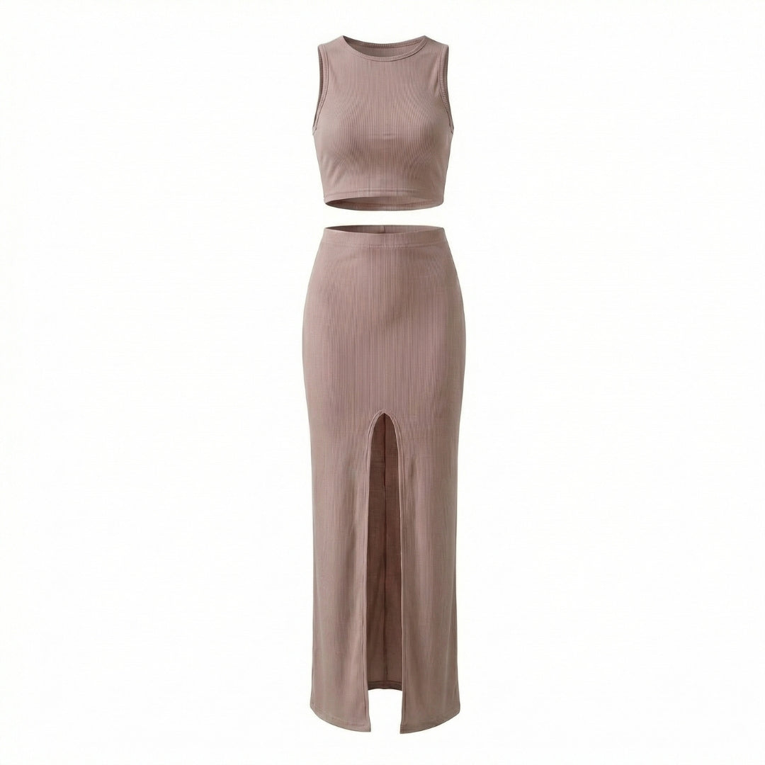 Manon | Women’s Ribbed One-Shoulder Crop Top and Slit Maxi Skirt Set