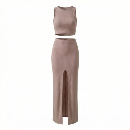 Manon | Women’s Ribbed One-Shoulder Crop Top and Slit Maxi Skirt Set