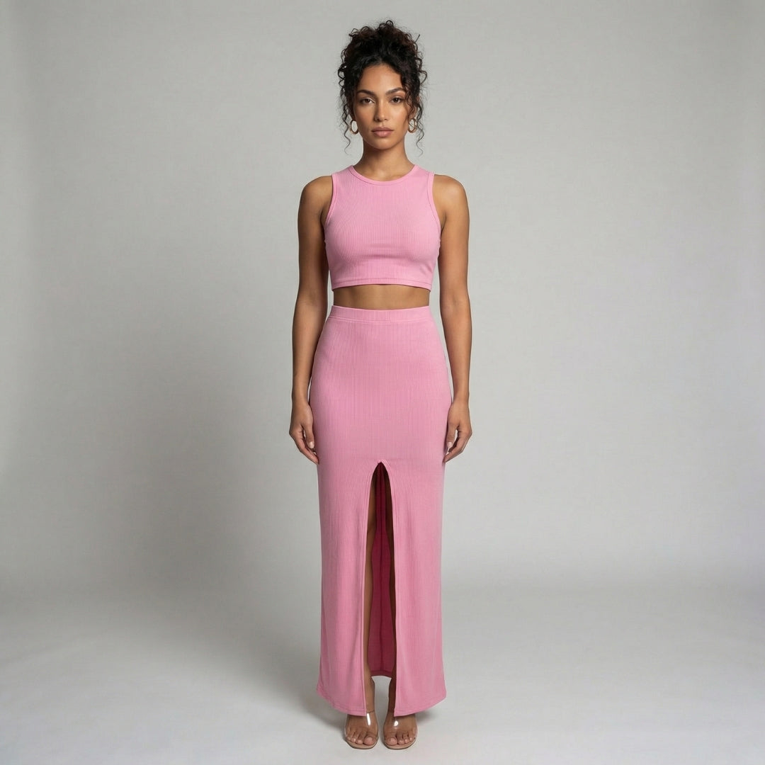 Manon | Women’s Ribbed One-Shoulder Crop Top and Slit Maxi Skirt Set