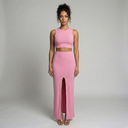 Manon | Women’s Ribbed One-Shoulder Crop Top and Slit Maxi Skirt Set