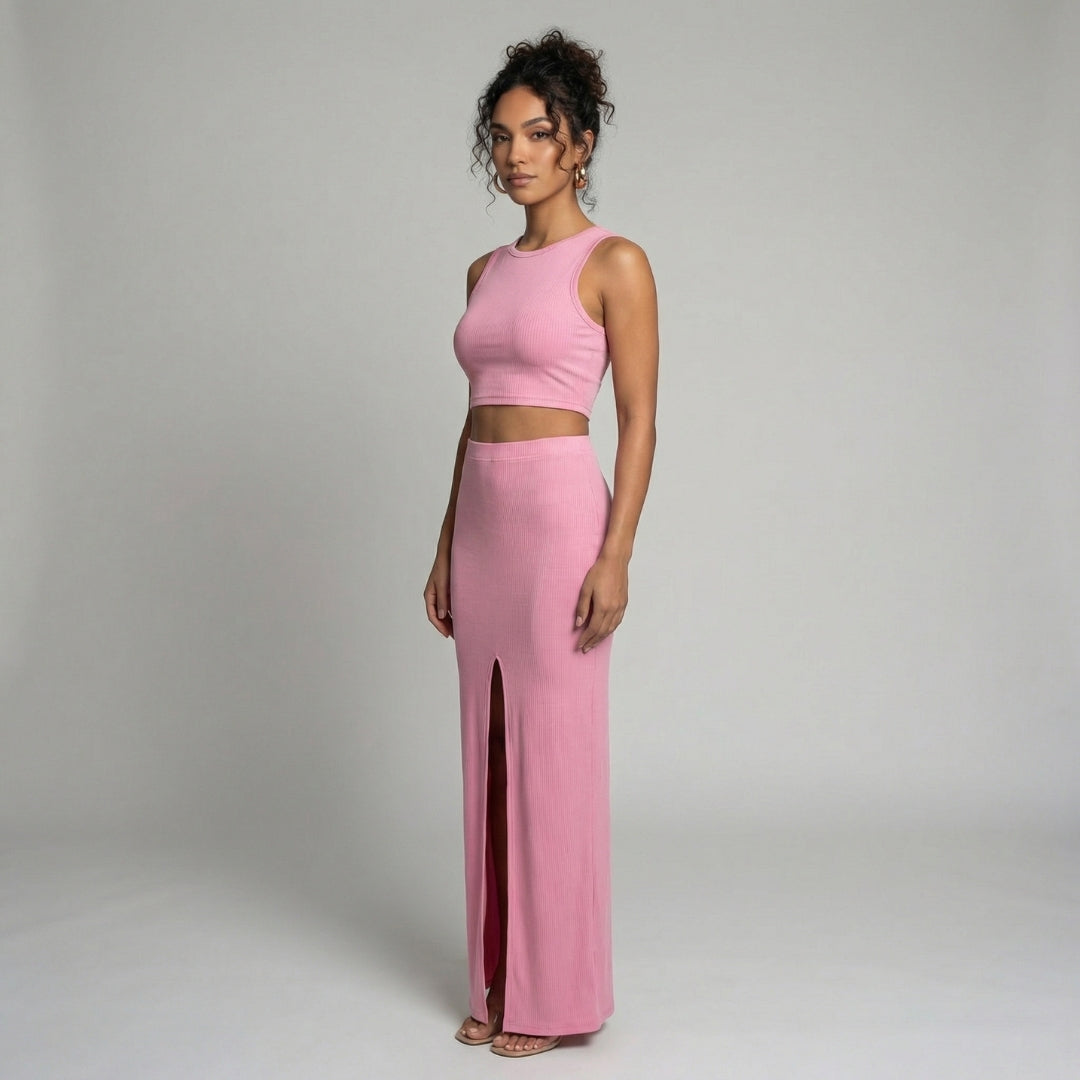 Manon | Women’s Ribbed One-Shoulder Crop Top and Slit Maxi Skirt Set