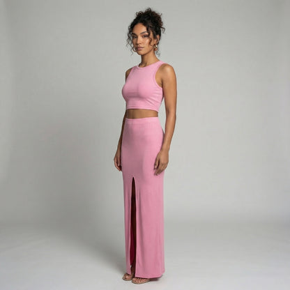 Manon | Women’s Ribbed One-Shoulder Crop Top and Slit Maxi Skirt Set