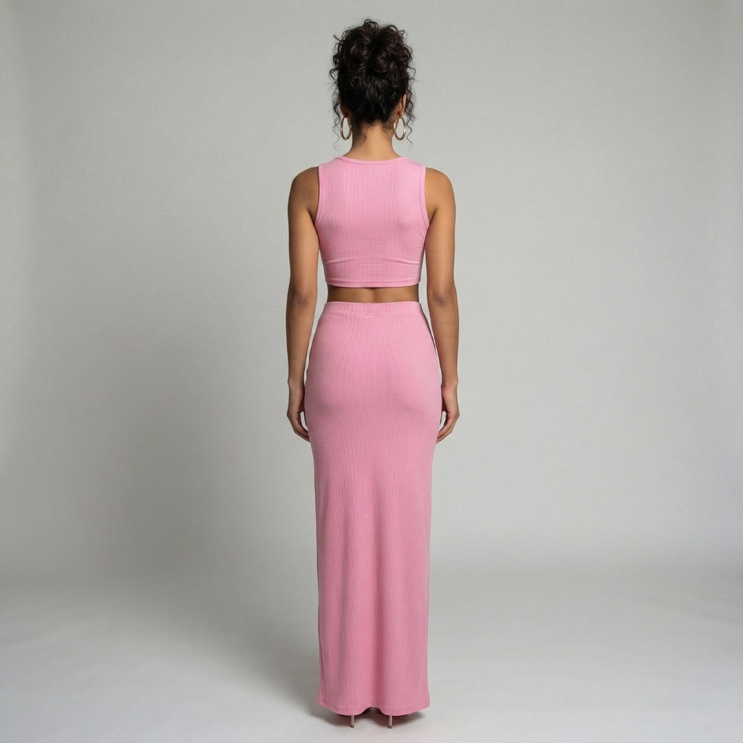 Manon | Women’s Ribbed One-Shoulder Crop Top and Slit Maxi Skirt Set