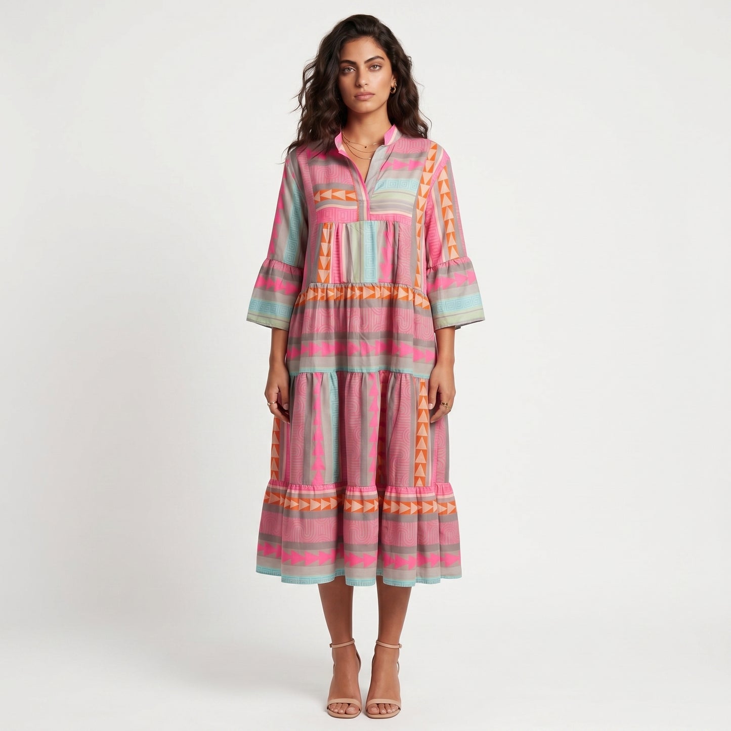 Mara Women's Midi Dress Tiered Boho Print, Three-Quarter Sleeve