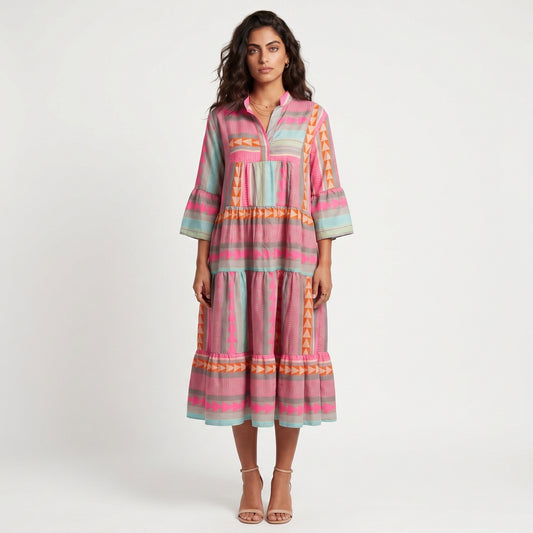 Mara Women's Midi Dress Tiered Boho Print, Three-Quarter Sleeve