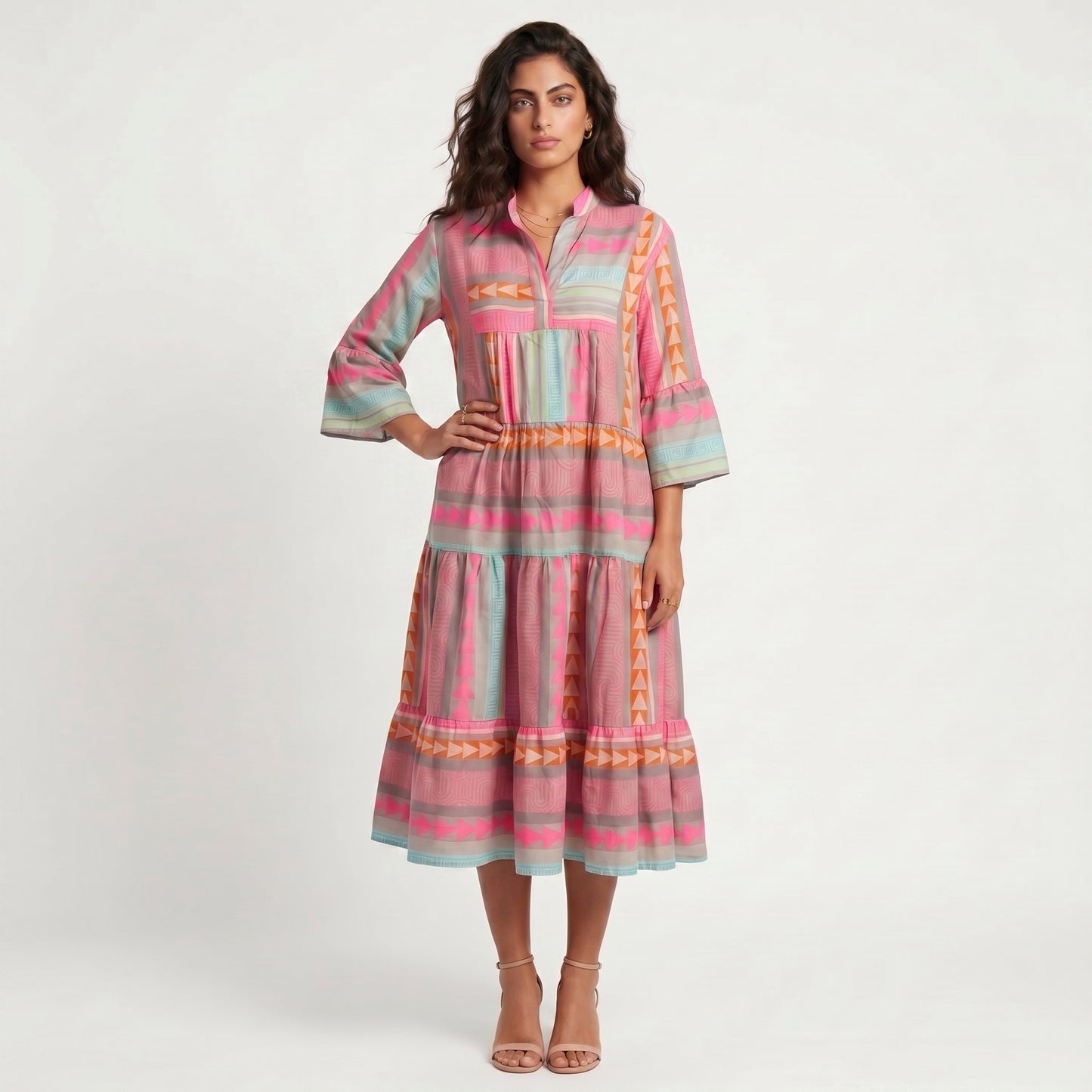 Mara Women's Midi Dress Tiered Boho Print, Three-Quarter Sleeve