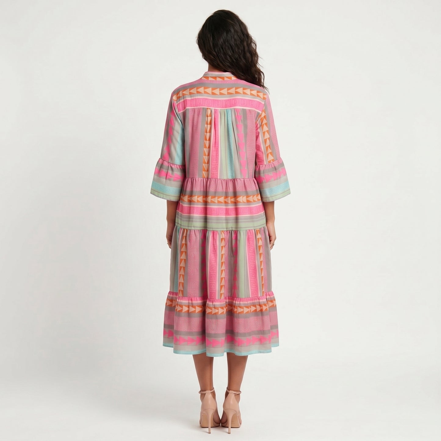 Mara Women's Midi Dress Tiered Boho Print, Three-Quarter Sleeve