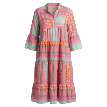 Mara Women's Midi Dress Tiered Boho Print, Three-Quarter Sleeve