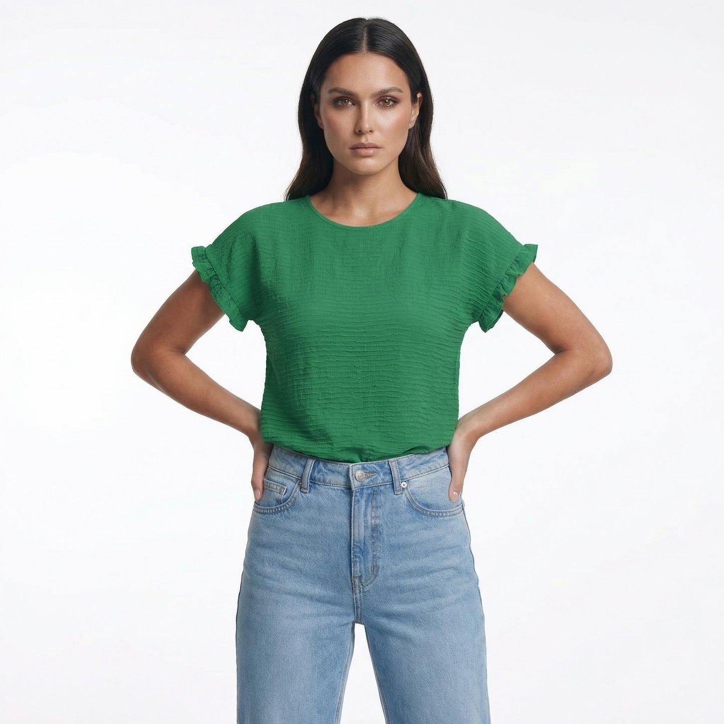 Margot | Women’s Polyester Short-Sleeve Crewneck T-Shirt Ruffle-Sleeve