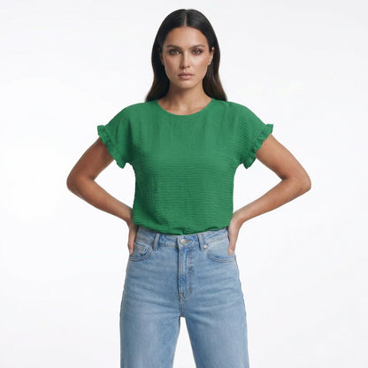 Margot | Women’s Polyester Short-Sleeve Crewneck T-Shirt Ruffle-Sleeve