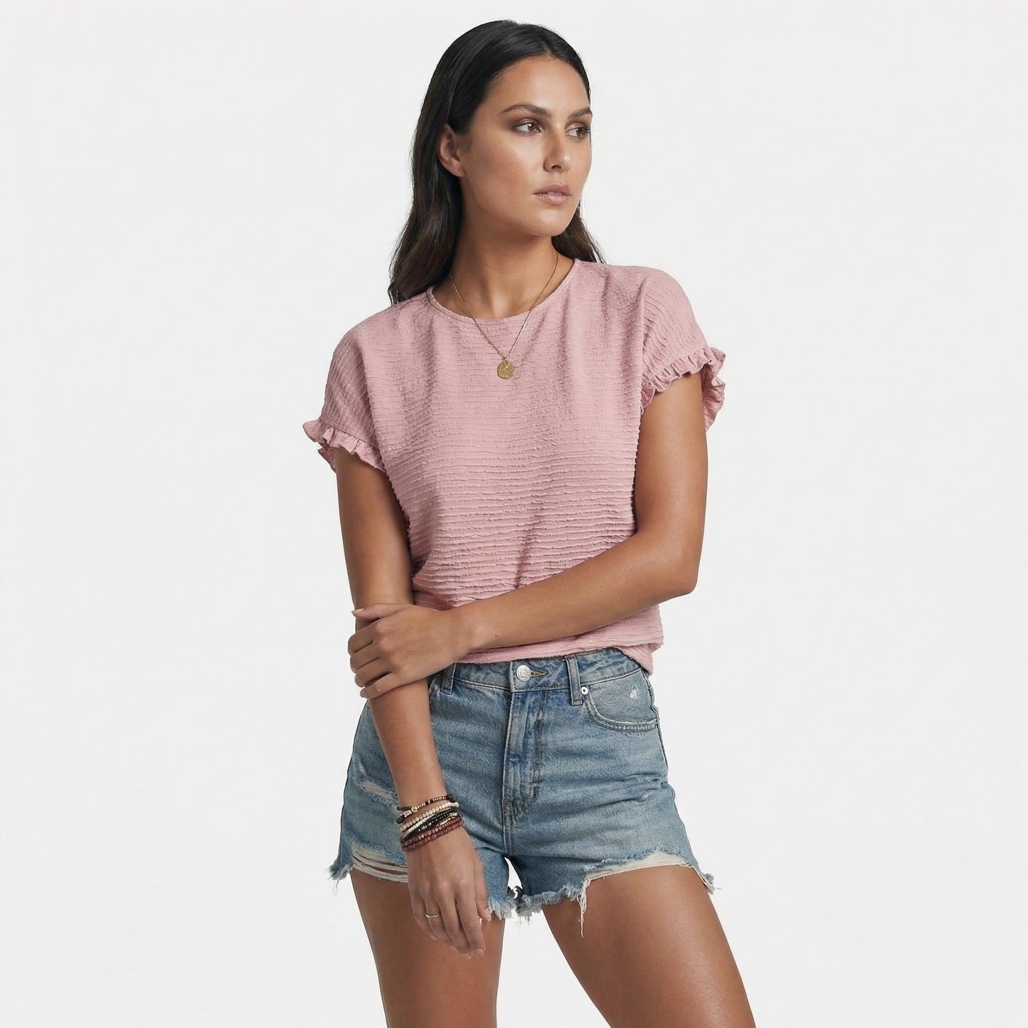 Margot | Women’s Polyester Short-Sleeve Crewneck T-Shirt Ruffle-Sleeve