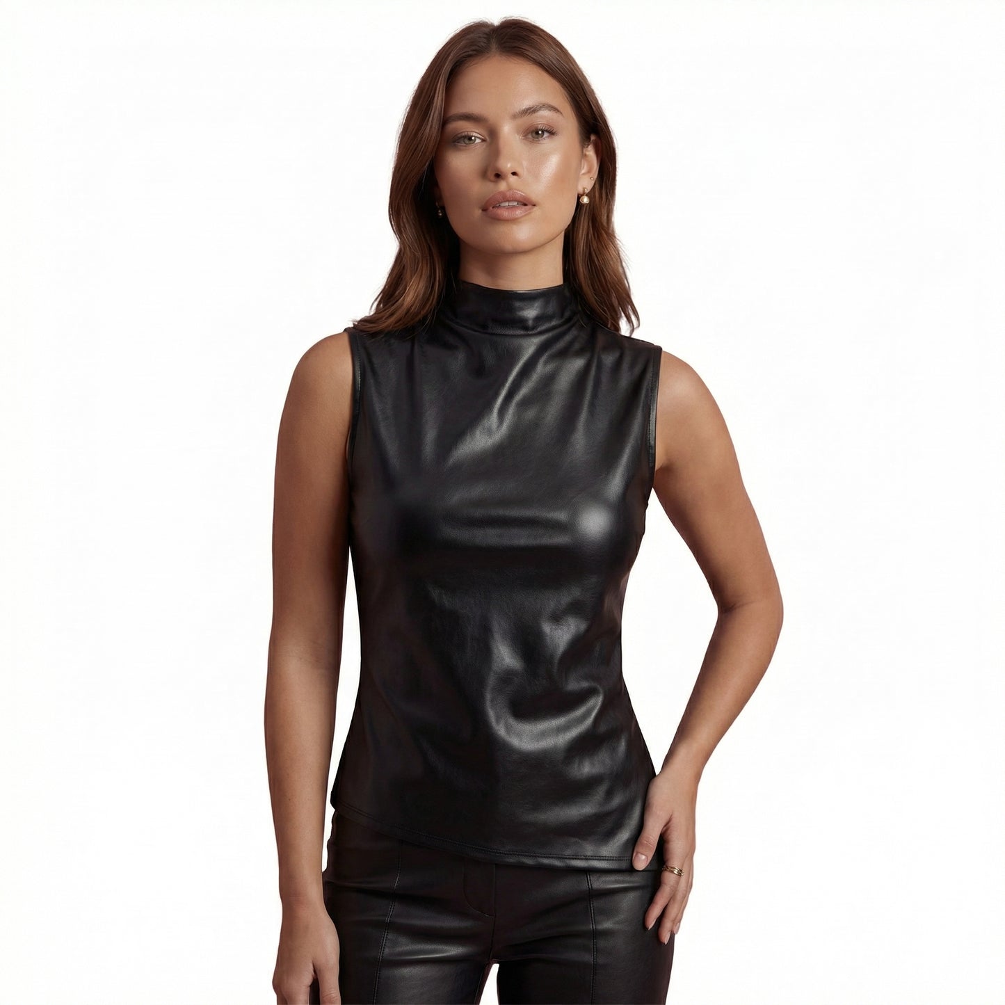 Marlowe Women's Faux Leather Sleeveless Top, Stand Collar Waist Cinching