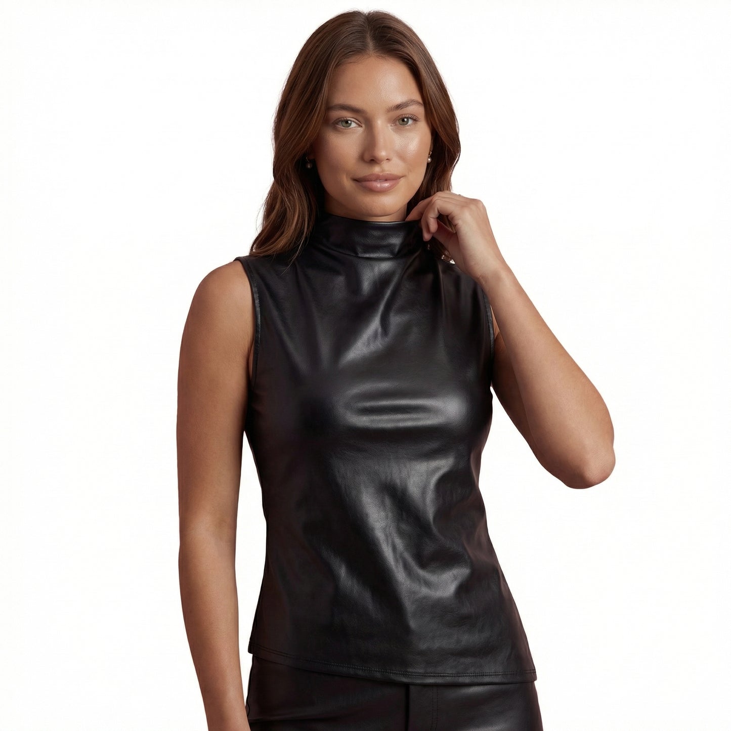 Marlowe Women's Faux Leather Sleeveless Top, Stand Collar Waist Cinching