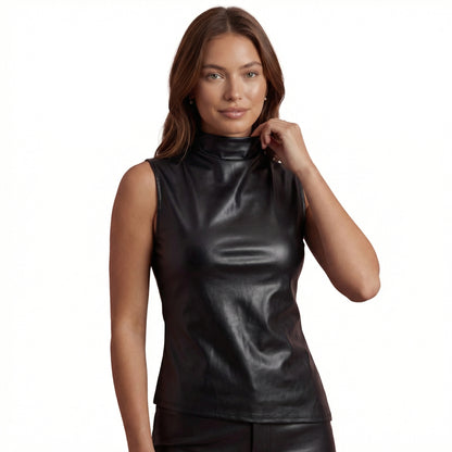 Marlowe Women's Faux Leather Sleeveless Top, Stand Collar Waist Cinching