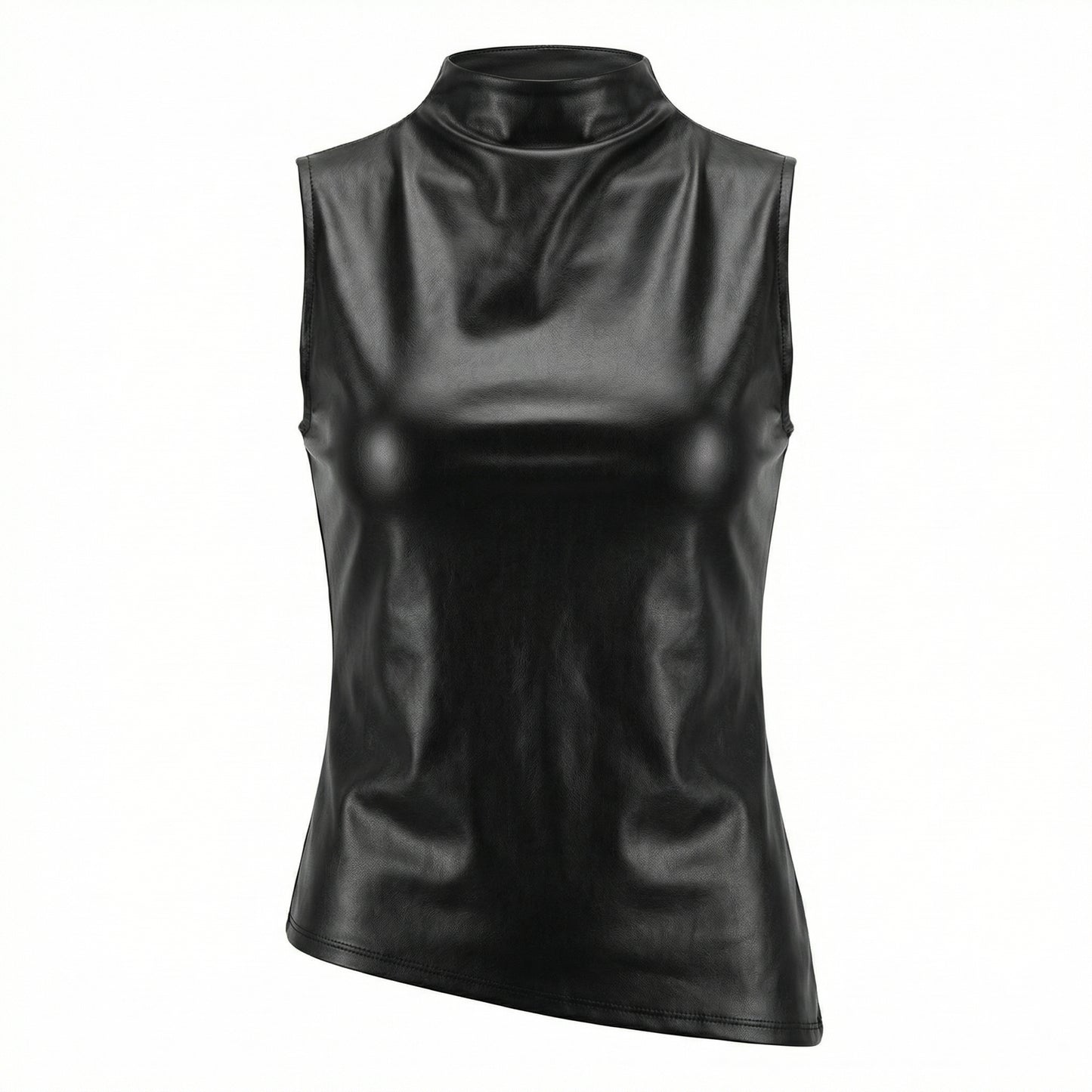 Marlowe Women's Faux Leather Sleeveless Top, Stand Collar Waist Cinching