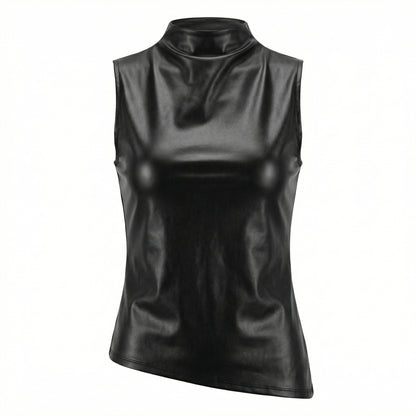 Marlowe Women's Faux Leather Sleeveless Top, Stand Collar Waist Cinching