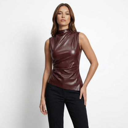 Marlowe Women's Faux Leather Sleeveless Top, Stand Collar Waist Cinching