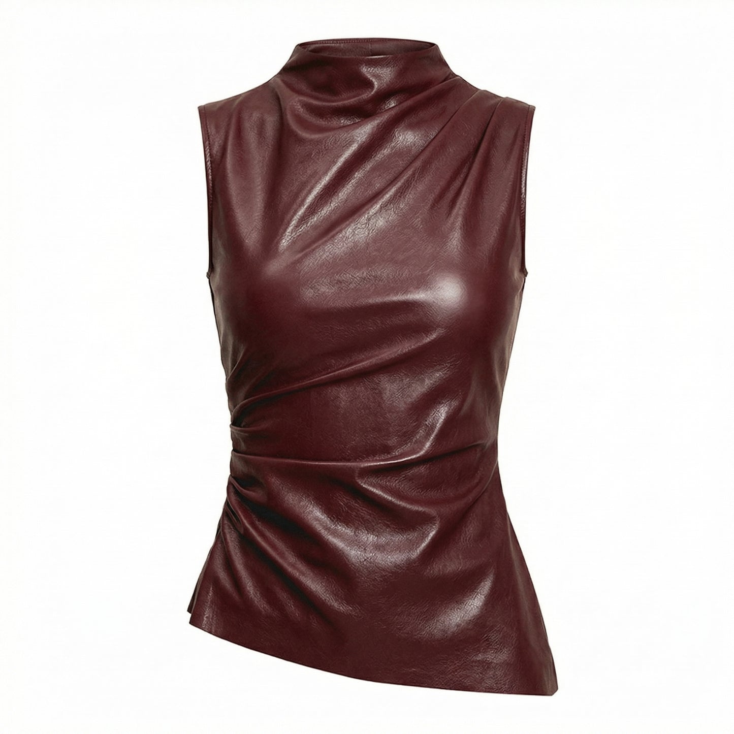Marlowe Women's Faux Leather Sleeveless Top, Stand Collar Waist Cinching