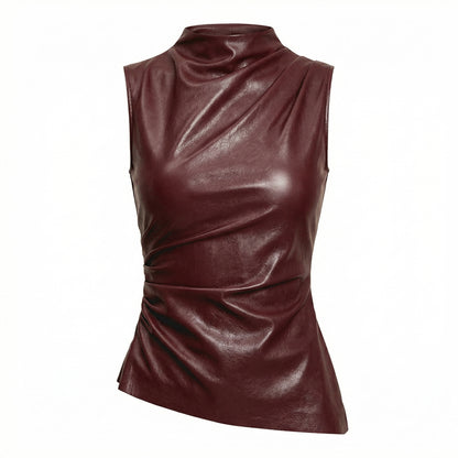 Marlowe Women's Faux Leather Sleeveless Top, Stand Collar Waist Cinching