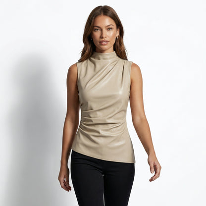 Marlowe Women's Faux Leather Sleeveless Top, Stand Collar Waist Cinching
