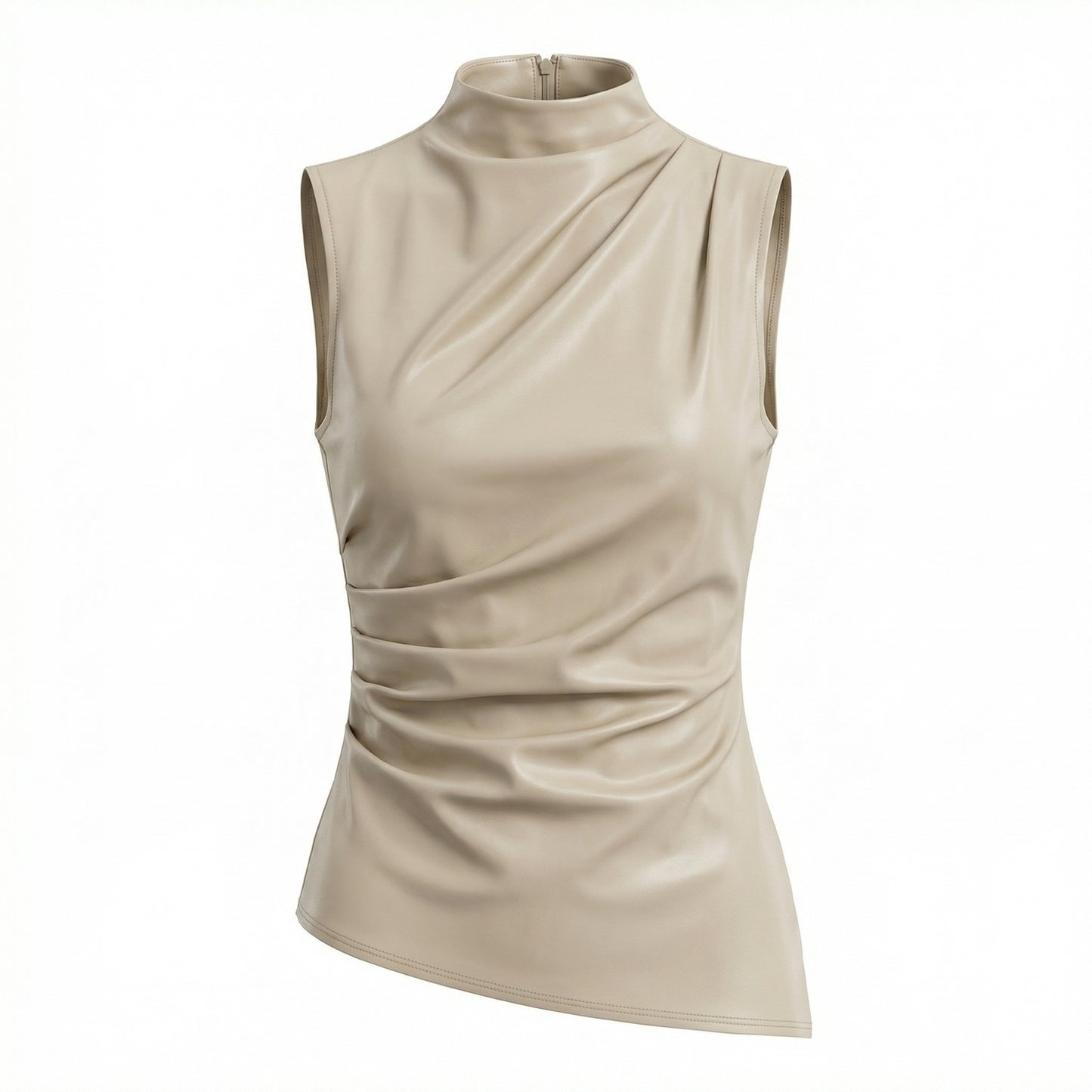 Marlowe Women's Faux Leather Sleeveless Top, Stand Collar Waist Cinching