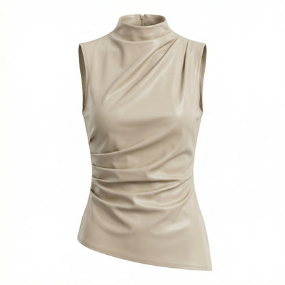 Marlowe Women's Faux Leather Sleeveless Top, Stand Collar Waist Cinching
