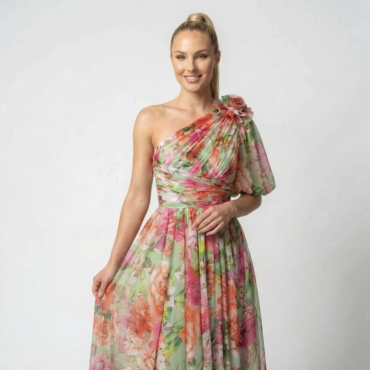 Maud | Women’s One-Shoulder Floral Maxi Dress Draped