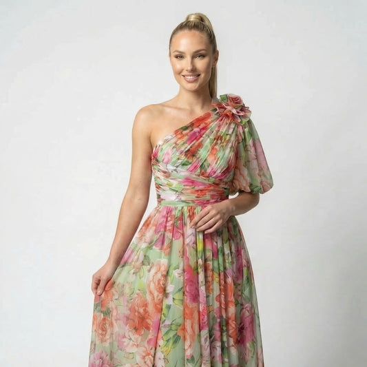 Maud | Women’s One-Shoulder Floral Maxi Dress Draped