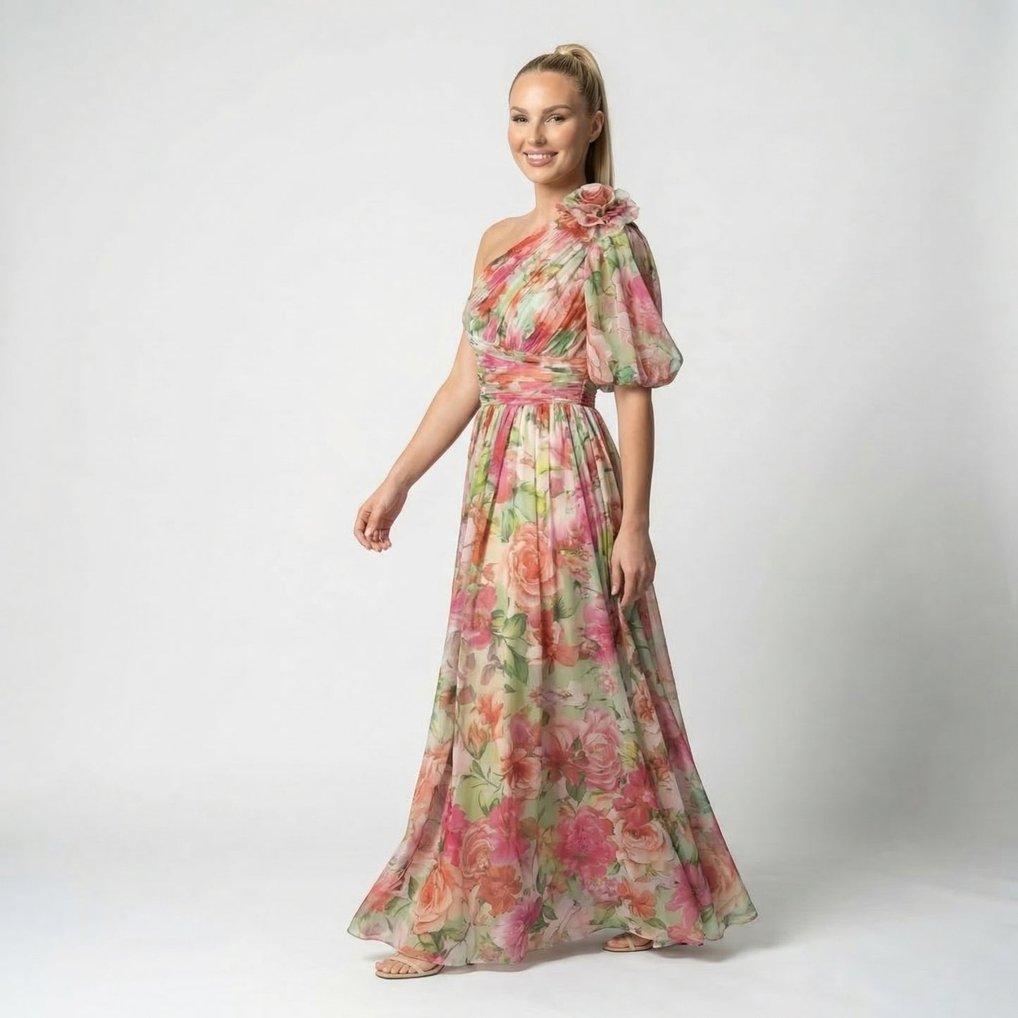 Maud | Women’s One-Shoulder Floral Maxi Dress Draped