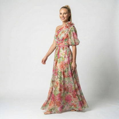 Maud | Women’s One-Shoulder Floral Maxi Dress Draped