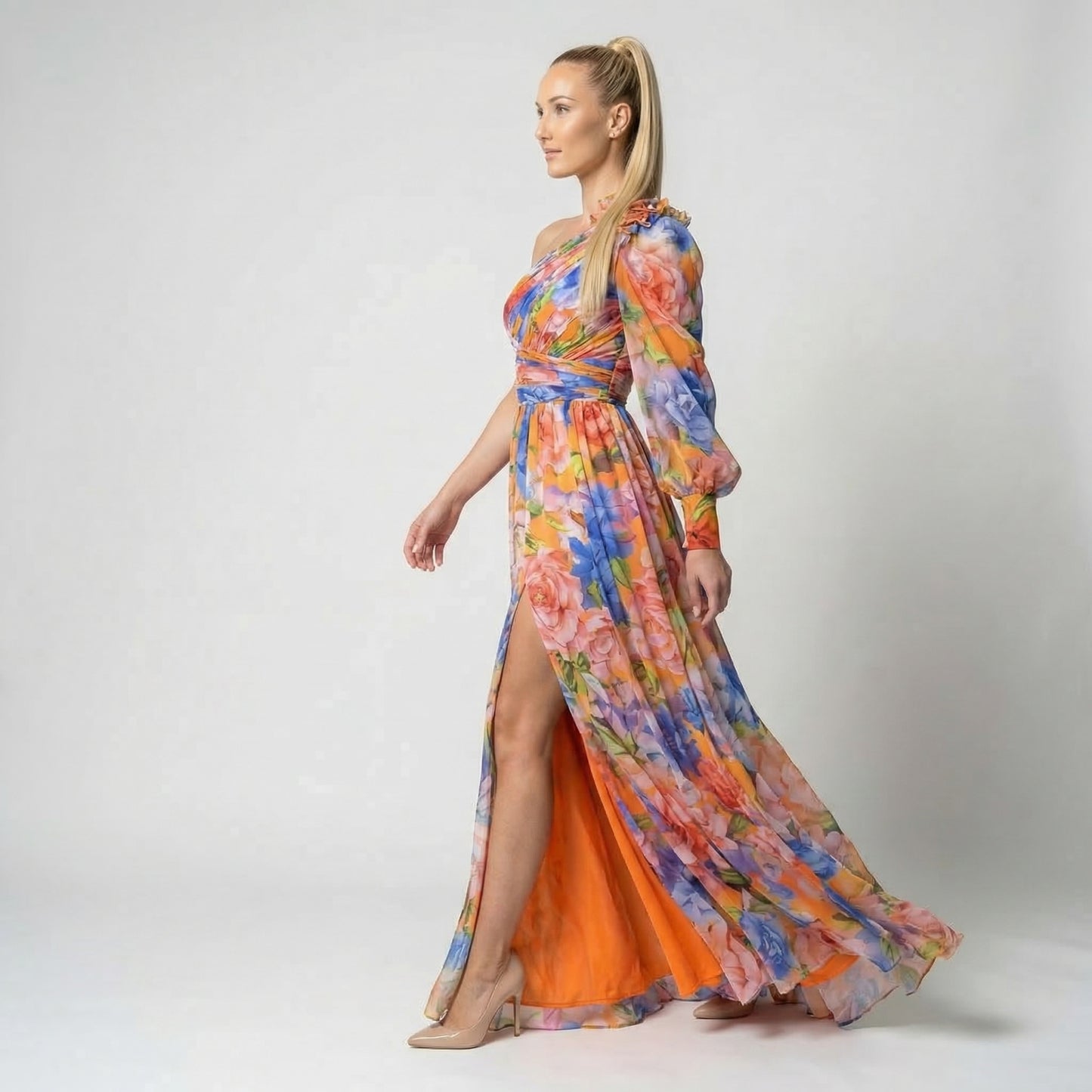 Maud | Women’s One-Shoulder Floral Maxi Dress Draped