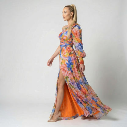 Maud | Women’s One-Shoulder Floral Maxi Dress Draped