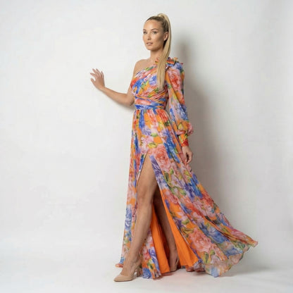 Maud | Women’s One-Shoulder Floral Maxi Dress Draped
