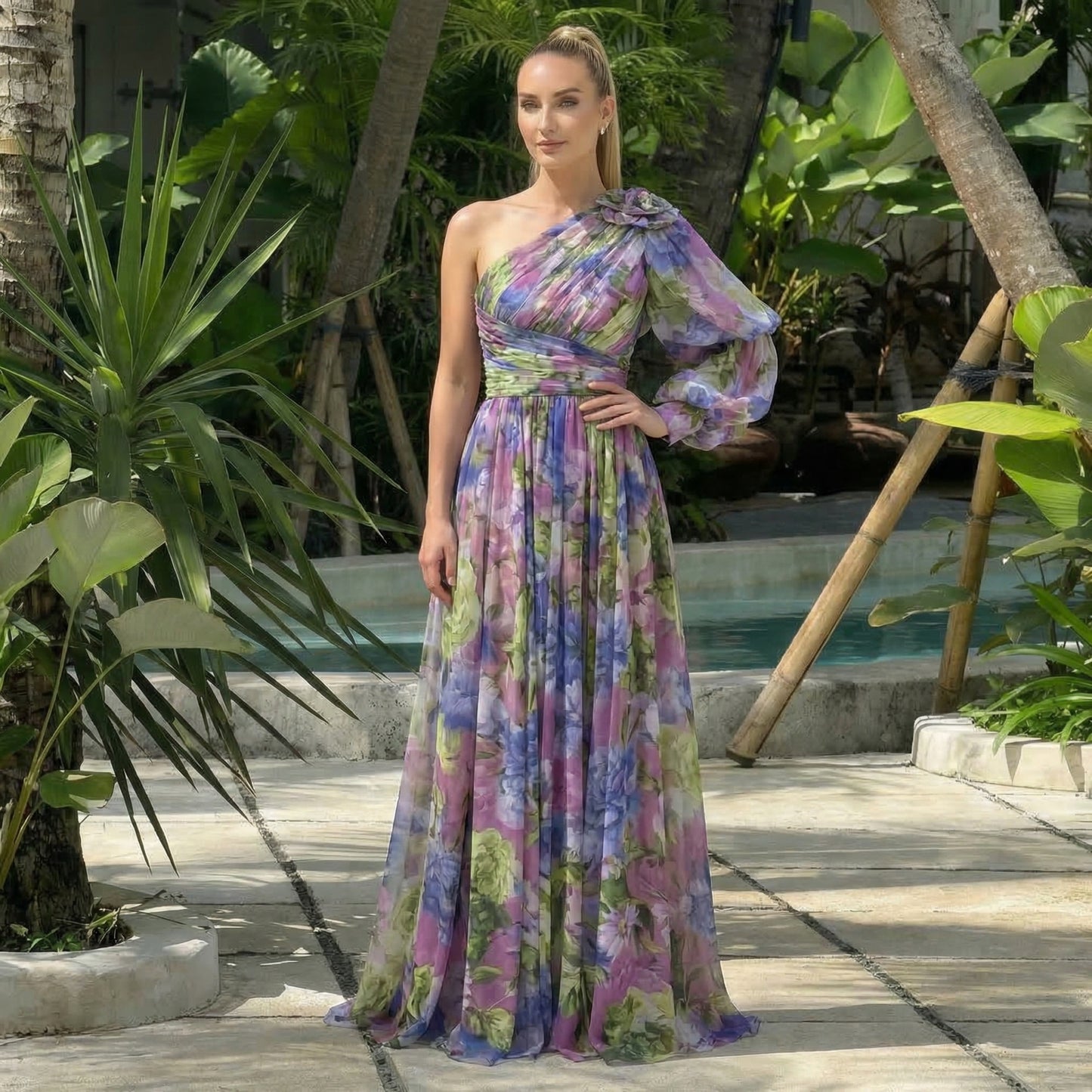 Maud | Women’s One-Shoulder Floral Maxi Dress Draped