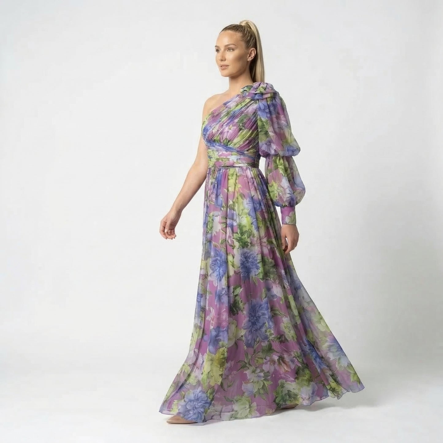Maud | Women’s One-Shoulder Floral Maxi Dress Draped