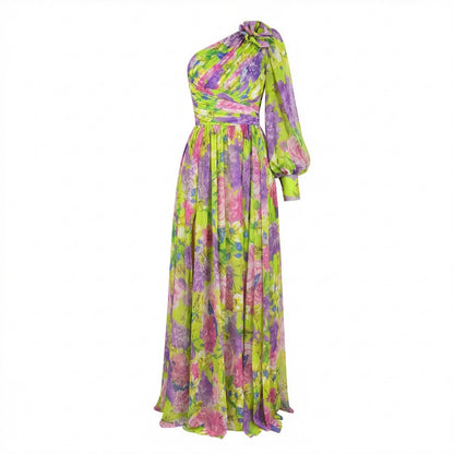 Maud | Women’s One-Shoulder Floral Maxi Dress Draped