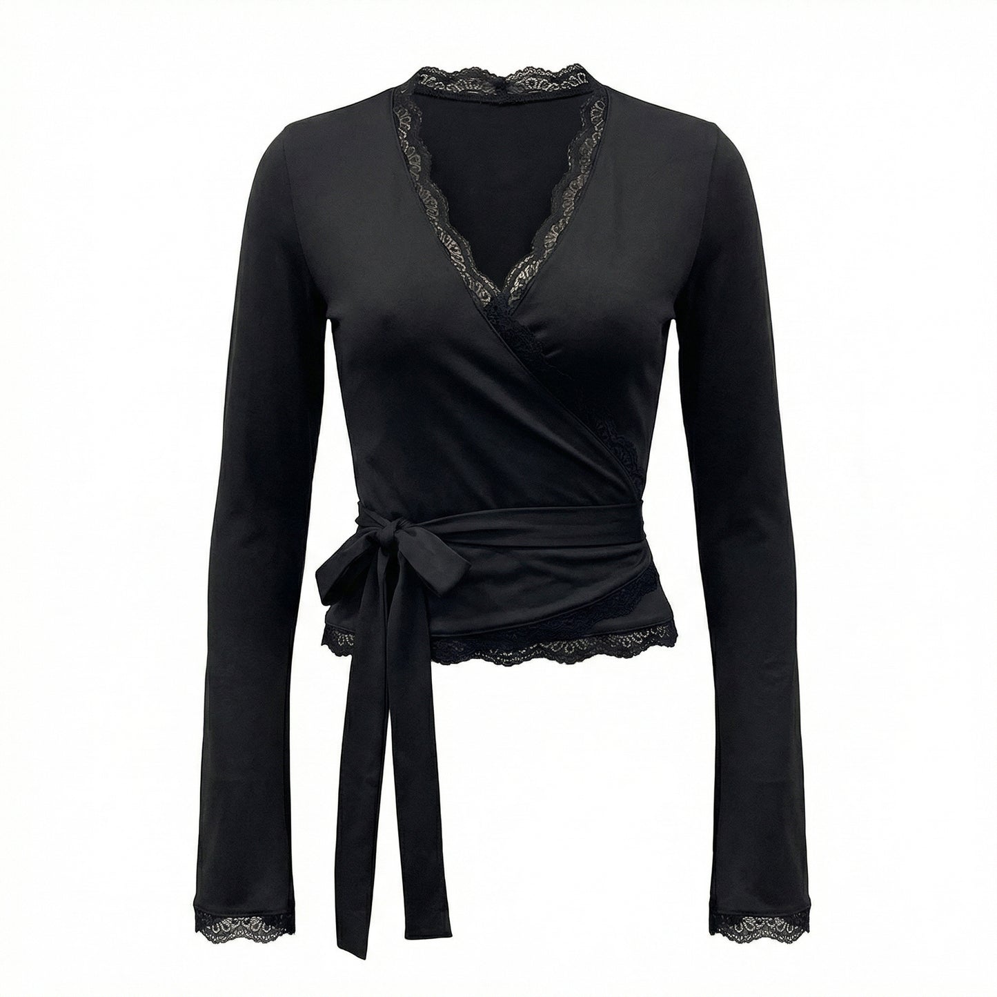 Mila Women's Lace Trim Wrap Cropped Top, Long Sleeve
