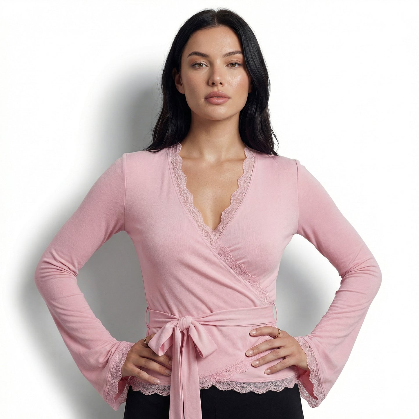 Mila Women's Lace Trim Wrap Cropped Top, Long Sleeve