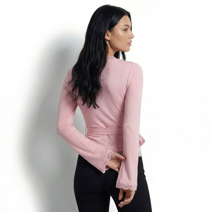 Mila Women's Lace Trim Wrap Cropped Top, Long Sleeve