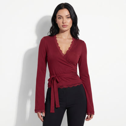 Mila Women's Lace Trim Wrap Cropped Top, Long Sleeve