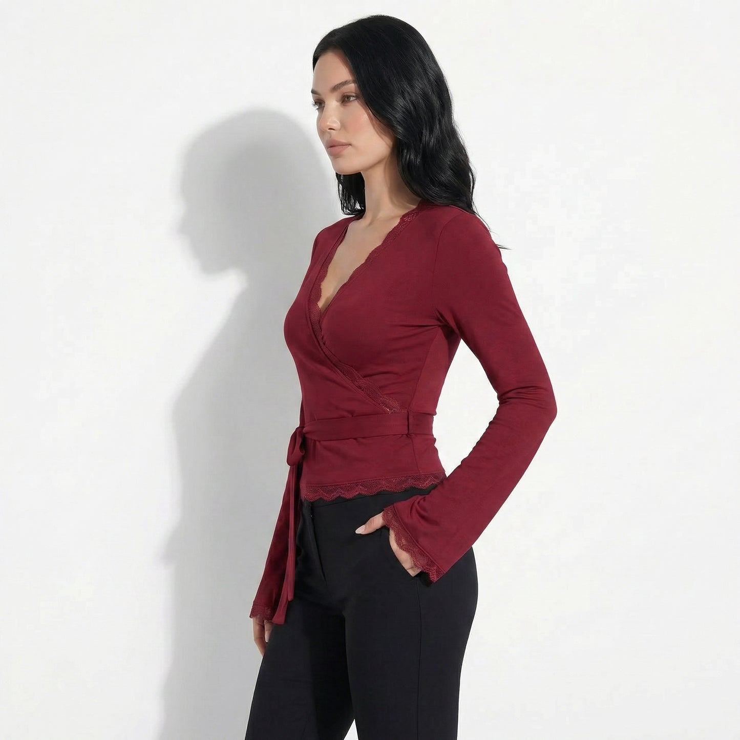 Mila Women's Lace Trim Wrap Cropped Top, Long Sleeve