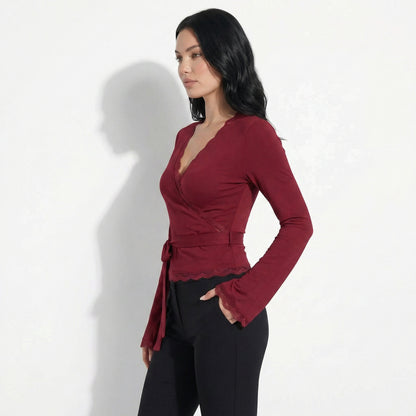 Mila Women's Lace Trim Wrap Cropped Top, Long Sleeve