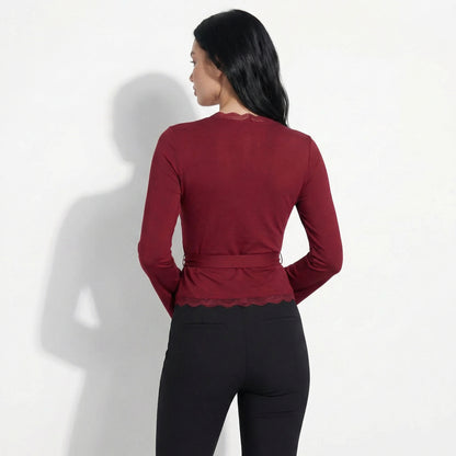 Mila Women's Lace Trim Wrap Cropped Top, Long Sleeve