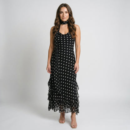 Noir Women's Maxi Dress Polka Dot Ruffle Hem, Scarf Neck Detail