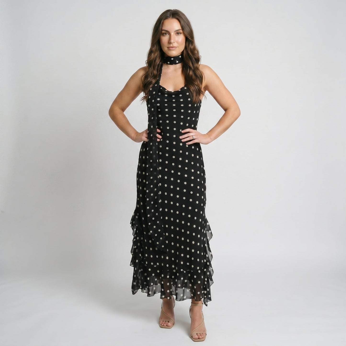 Noir Women's Maxi Dress Polka Dot Ruffle Hem, Scarf Neck Detail
