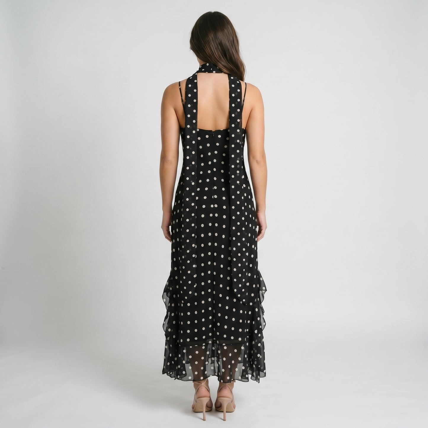 Noir Women's Maxi Dress Polka Dot Ruffle Hem, Scarf Neck Detail