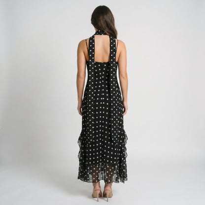 Noir Women's Maxi Dress Polka Dot Ruffle Hem, Scarf Neck Detail