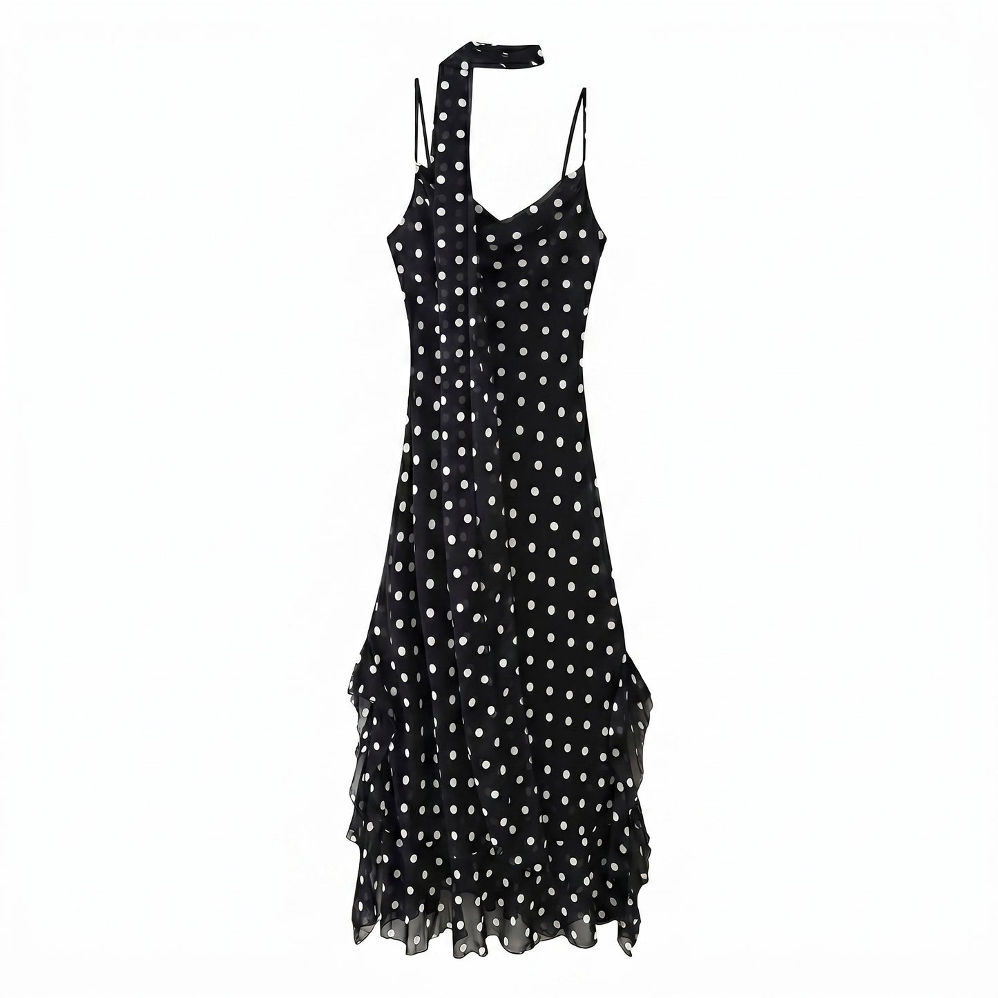 Noir Women's Maxi Dress Polka Dot Ruffle Hem, Scarf Neck Detail