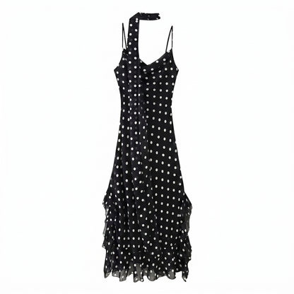 Noir Women's Maxi Dress Polka Dot Ruffle Hem, Scarf Neck Detail