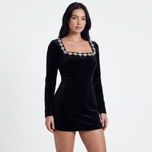 Nova Women's Velvet Mini Dress Rhinestone Trim, Square Neck